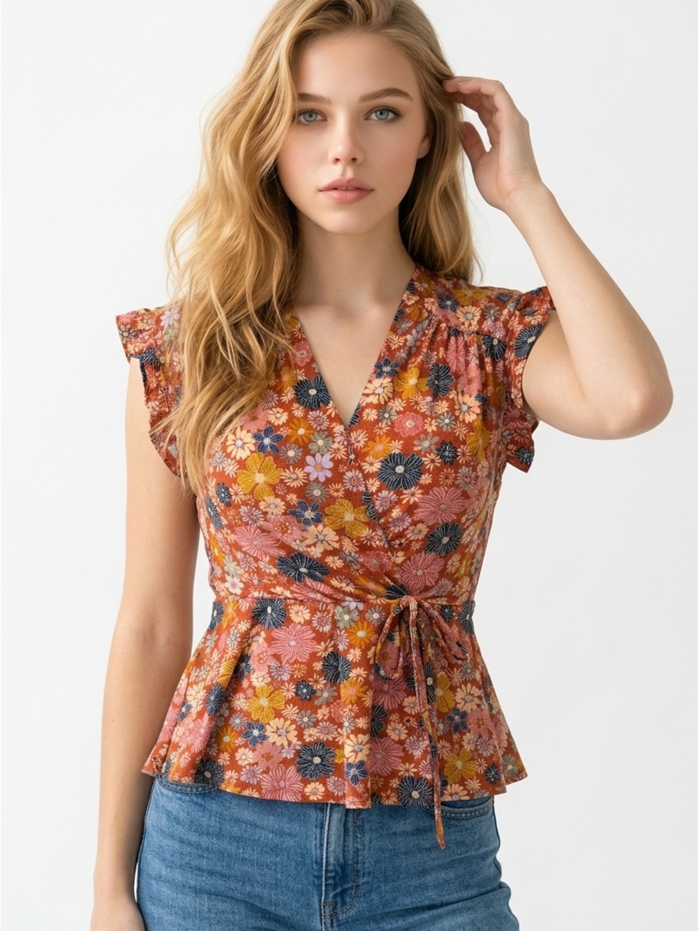 Monteau Los Angeles Women’s S Floral Surplice Neck Ruffle Sleeve Tie Blouse